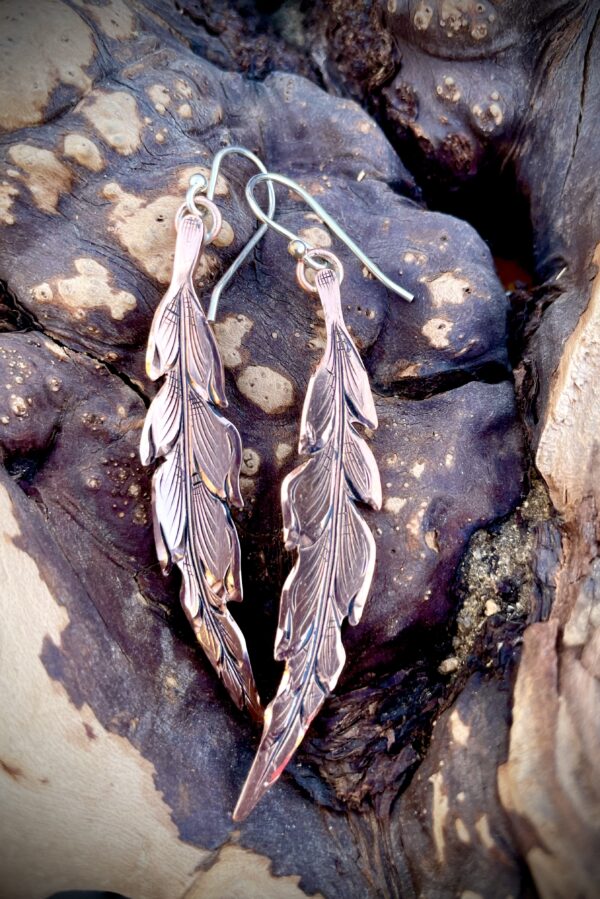 Large copper feather earrings