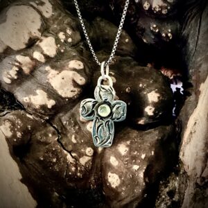 Sterling silver Cross necklace with green Tourmaline